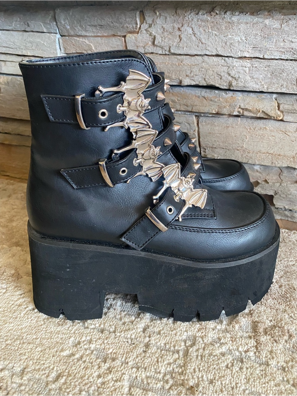 Demonia Ashes 55 Bat Out of Hell Platform Boots Ankle in Black Silver Bats: 7